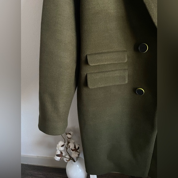 Olive Green Button Front Double Breasted Notch Lapel Coat Size Large - Picture 5 of 10